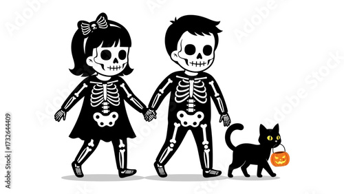 Halloween Stroll:  A pair of young skeletons, hand in hand, stroll with their pet black cat, all set for trick-or-treating.
