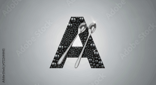 Letter "A" of black caviar with two spoons on a gray backdrop