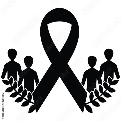 Black ribbon with silhouettes of people and laurel wreaths on white background mourning grief