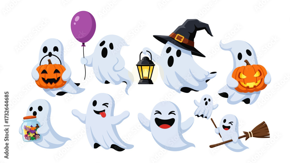 Obraz premium Spooky Ghost Collection: A delightful collection of cartoon ghosts in various poses and props, embodying the playful spirit of Halloween and adding a touch of festive cheer.