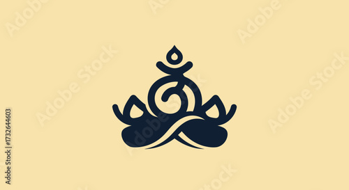 Stylized dark blue lotus position icon on a light yellow background