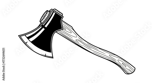 A black and white illustration of an axe with a wooden handle lying on a white background in a cartoon style