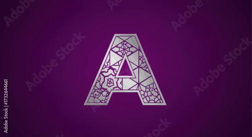 Silver letter A with fractured glass effect, purple background