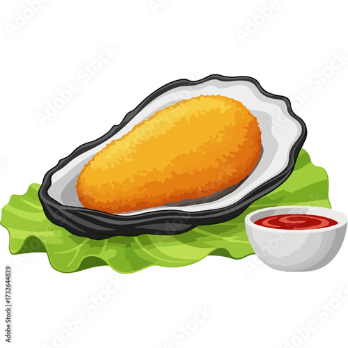 Realistic vector illustration of a deep-fried oyster served on the half shell with lettuce and dipping sauce. This classic seafood appetizer is perfect for restaurant menus and food blogs.