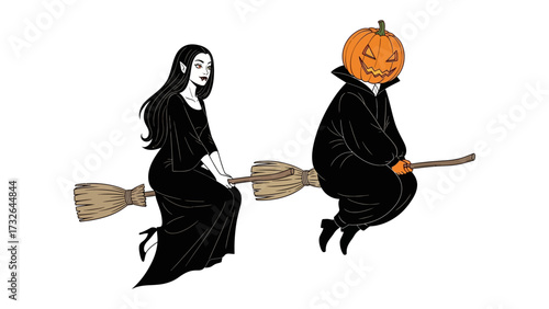 Enchanting Halloween Ride: Two Halloween figures soar across the night sky on their magical brooms. A woman in a gothic gown and a pumpkin-headed figure.