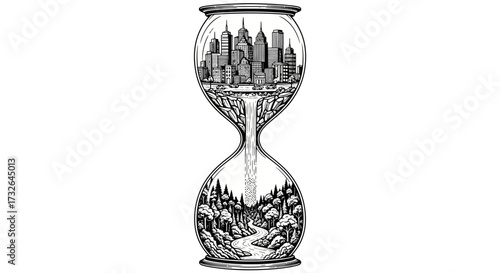 Hourglass illustration with city skyline transforming into forest landscape in black and white style