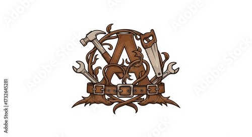 Stylized leather letter A wrapped with tools and belt
