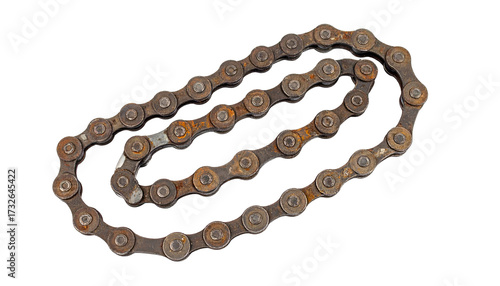 Old rusty metal chain on black background, curved lines visible