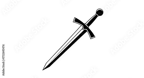 A simple black and white illustration of a sword with a crossguard on a plain white background space around it