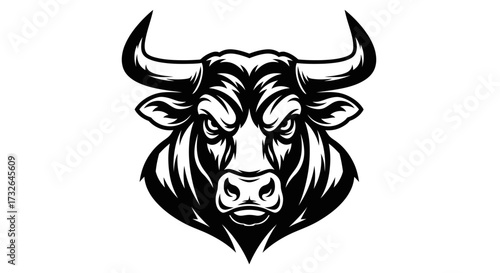 A detailed black and white vector illustration of a bull's head with horns and an angry expression