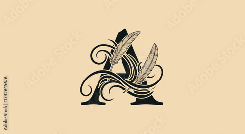 Ornate letter "A" with feather accents