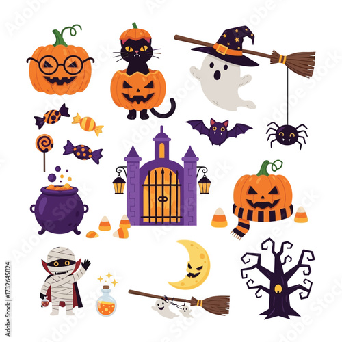 Whimsical Halloween Collection: Delightful illustrations of iconic Halloween elements, from playful pumpkins and ghostly apparitions to eerie elements like a haunted house and spooky moon.