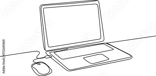 Single Line Drawing of a Laptop and Mouse on a White Background Keywords: laptop, computer