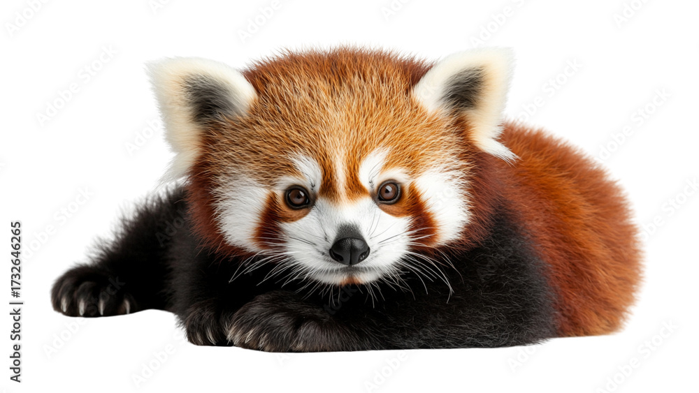 Naklejka premium Cute red panda lies on transparent background showcasing its fluffy fur and adorable expression. animal reddish brown coat and white markings are clearly visible