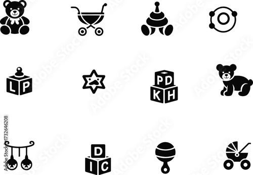 Baby icons set, child toys illustration, stroller teddy bear rattle, stacking toy, baby blocks, infant care, childhood concept, nursery design