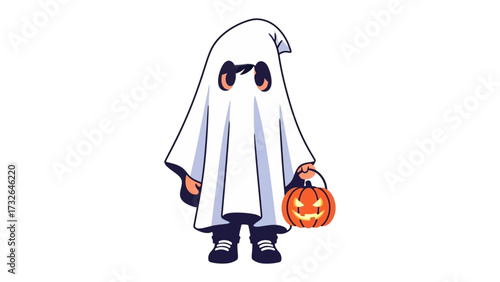 Spooky Spirit: A cute ghost character, draped in a white sheet with mischievous eyes, holds a carved pumpkin lantern, embodying the playful spirit of Halloween. 