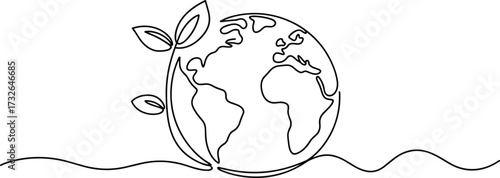 Single line drawing of planet Earth with leaves and wavy ground globe world