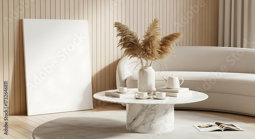Stylish interior with blank canvas, pampas grass, marble table, and sofa in a bright living room setting