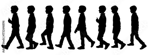 Black silhouette of a child walking, set. Vector illustration
