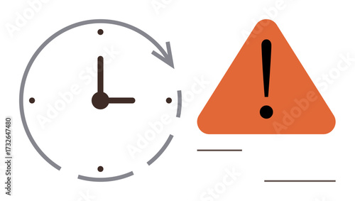 Clock with a circular arrow next to a triangular orange warning sign. Represents urgency, deadlines, caution, or time-sensitive tasks. Ideal for productivity, planning, reminders, alerts risk