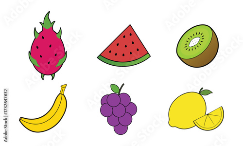 Colorful Fruit Icons Set – Fresh Tropical and Summer Fruits Illustration