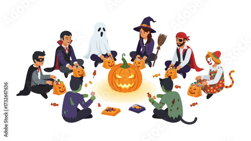 Halloween Gathering: A diverse group of friends gather to celebrate Halloween, dressed in imaginative costumes. Centered around a glowing pumpkin.