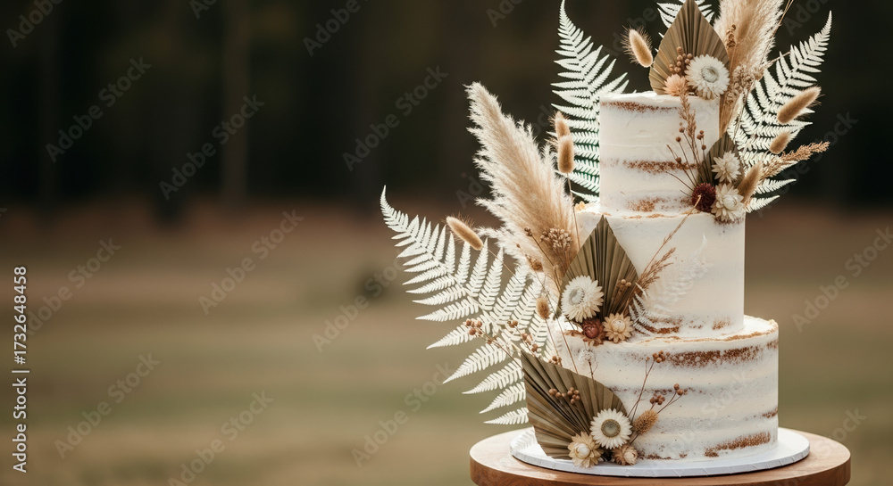 Obraz premium Wedding cake with delicate decorations on brown wooden stand, beautiful dessert with white frosting, a wonderful wedding cake at celebratory outdoor event. Celebrate your special day,