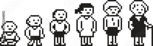 Pixel art progression of human life stages from baby to elderly woman