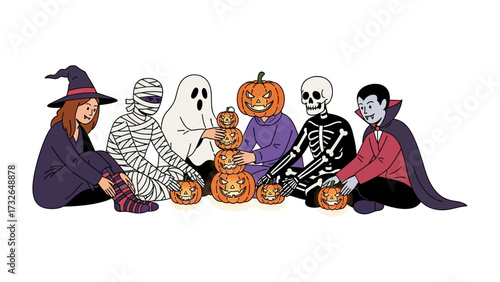 Halloween Fantasy: Spooky Friends Unite for a Festive Gathering. A bewitching tableau of Halloween figures. A group of costumed characters gather.
