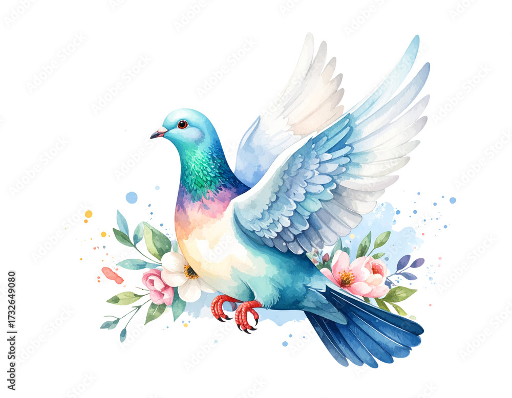 Fototapeta premium Colorful Watercolor Dove with Floral Decorations PNG