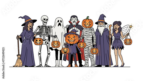 Halloween Ensemble: A vibrant gathering of Halloween characters, each in elaborate costume and holding festive jack-o'-lanterns, embody the spirit of fun and spooky celebration.