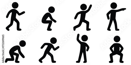 Stickman exercise and activity poses including stretching, squatting, walking, and running movements for health, sports, and fitness concepts