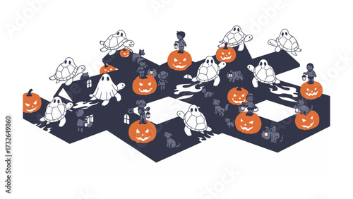 Halloween Pumpkin Party: A whimsical Halloween scene featuring multiple pumpkins with carved faces, surrounded by friendly ghosts, playful turtles, and tiny trick-or-treaters.