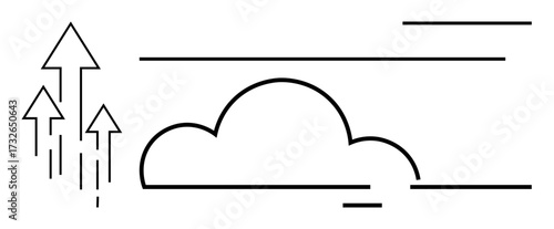 Three upward arrows alongside a minimalistic cloud and horizontal lines representing speed and progression. Ideal for business, technology, success, innovation, cloud computing, data, growth. Simple