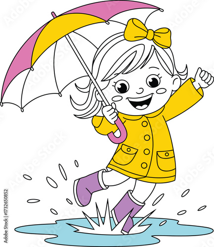 Happy cartoon girl in yellow raincoat jumping in puddles with umbrella