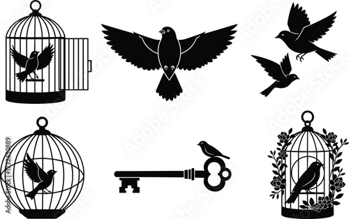 Bird and cage silhouette set, symbolic freedom and confinement concept, flying birds, vintage key, artistic escape theme, black vector illustration
