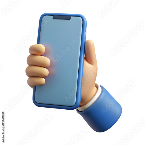 3d cartoon hand holding a blue smartphone against a black background