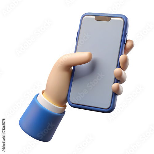 Stylized 3d hand holding a modern smartphone with a blank screen