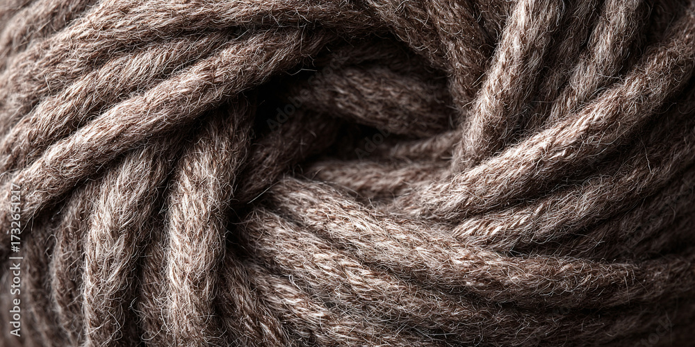 Fototapeta premium Closeup of brown wool yarn ball arranged in twisted strands forming handmade textile composition with natural fiber background - AI generated
