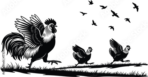Black and white chicken illustration, dynamic rural scene with flying birds, rooster in motion, stylized farm animals on grassy dirt path