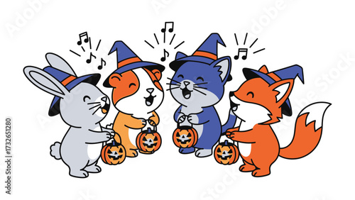 Halloween Choir of Creatures: A delightful illustration of four friendly animals, each adorned in witch hats, harmonizing in a cheerful Halloween choir. They carry Jack-o'-lanterns.