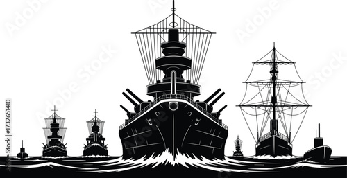 Warship fleet silhouettes, battleship illustration, naval vessels, sailing ship contrast, maritime power, military navy strength, ocean waves, naval history, defense concept