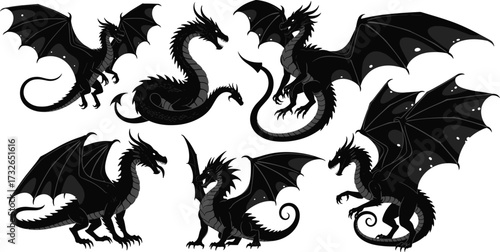 Black dragon silhouette set, six unique fantasy poses, tribal winged creatures, mythical beast illustration, vector design, fierce claws and tails