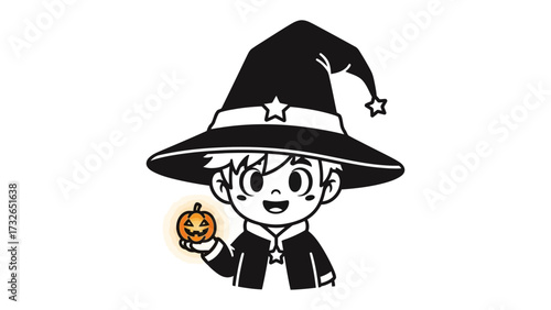 Halloween Wizard Illustration: A whimsical depiction of a young wizard holding a glowing pumpkin, ready to cast spells. A friendly image, perfect for Halloween.