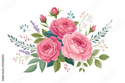Pink roses and greenery bouquet isolated on transparent background