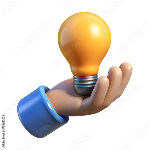 3d cartoon hand holding a glowing orange light bulb on black background