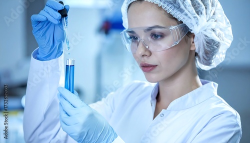 A researcher meticulously works, adding a blue liquid to a test tube with a dropper. She's in a lab coat, gloves, safety glasses and a hair net