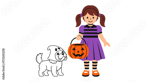 Halloween Joy: A young girl dressed in a vibrant purple costume stands alongside her pet dog, both ready for a night of trick-or-treating with a pumpkin basket.