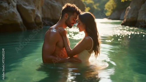 Couple embracing in water during summer sunset in nature  
