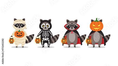 Halloween Raccoon Masquerade: A delightful ensemble of four adorable raccoons, each dressed in festive Halloween costumes and holding miniature lanterns, evoke the spirit of spooky season. 